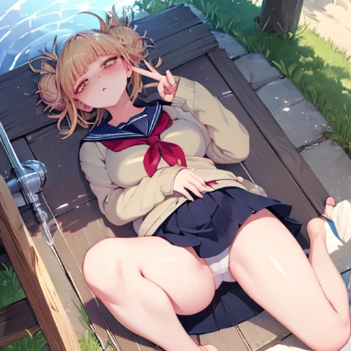 masterpiece, highest quality, High resolution,  Short skirt，barefoot，Looking up，Embarrassed face，Angle from below、Big Breasts、Sailor outfit、White underwear、The underwear is transparent、The legs are quite thin、soaked、Spread your legs、I avoid underwear、ruins、cardigan、Peace sign next to face