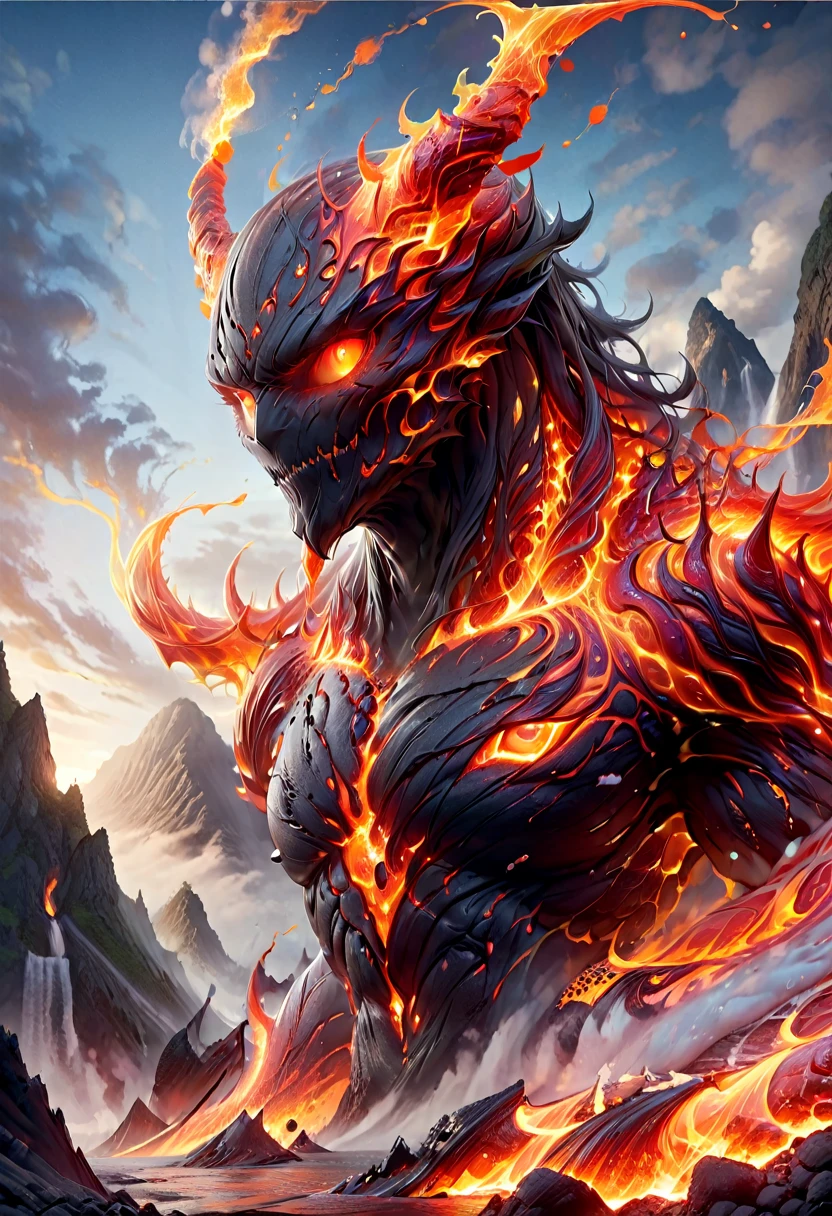 Lava Demon, ral-lava, LavaRay, Demon made entirely of lava, (best quality, highres, ultra-detailed:1.2), intense, fiery, and fearsome Lava Demon, glowing red eyes, sharp fangs and claws, towering over the landscape, surrounded by swirling magma, molten rivers flowing in the background, emitting a sinister glow, smoke billowing from its nostrils, an aura of pure heat and destruction, devilish horns adorned with lava drips, an otherworldly entity emerging from the depths of the Earth's core, surreal and menacing, in the style of dark fantasy art, with vibrant colors and high contrast, cast in a hellish color palette.