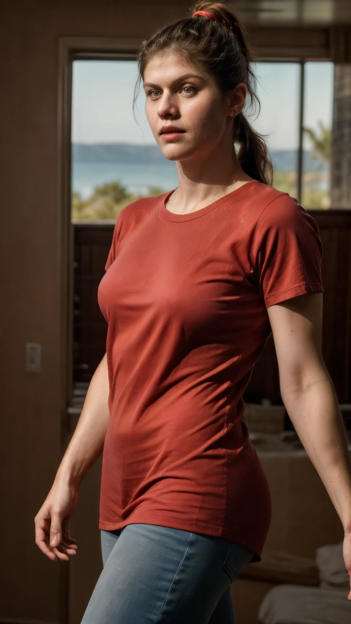 [random photo of  a Alexandra Daddario ] ( full body shot,random photograph, 35 years old sexy woman , gorgeous face, hot queen, tattooed woman, denim, solo, ponytail,  sweaty skin, huge breast, Tall woman, wearing a lose red color tight big t-shirt ) (insanely realistic detailed skin texture, attractive texture,pores) [depth of fields]  ((perfect body parts, (hyper photorealistic  lighting), 85mm, 100mm lens ))