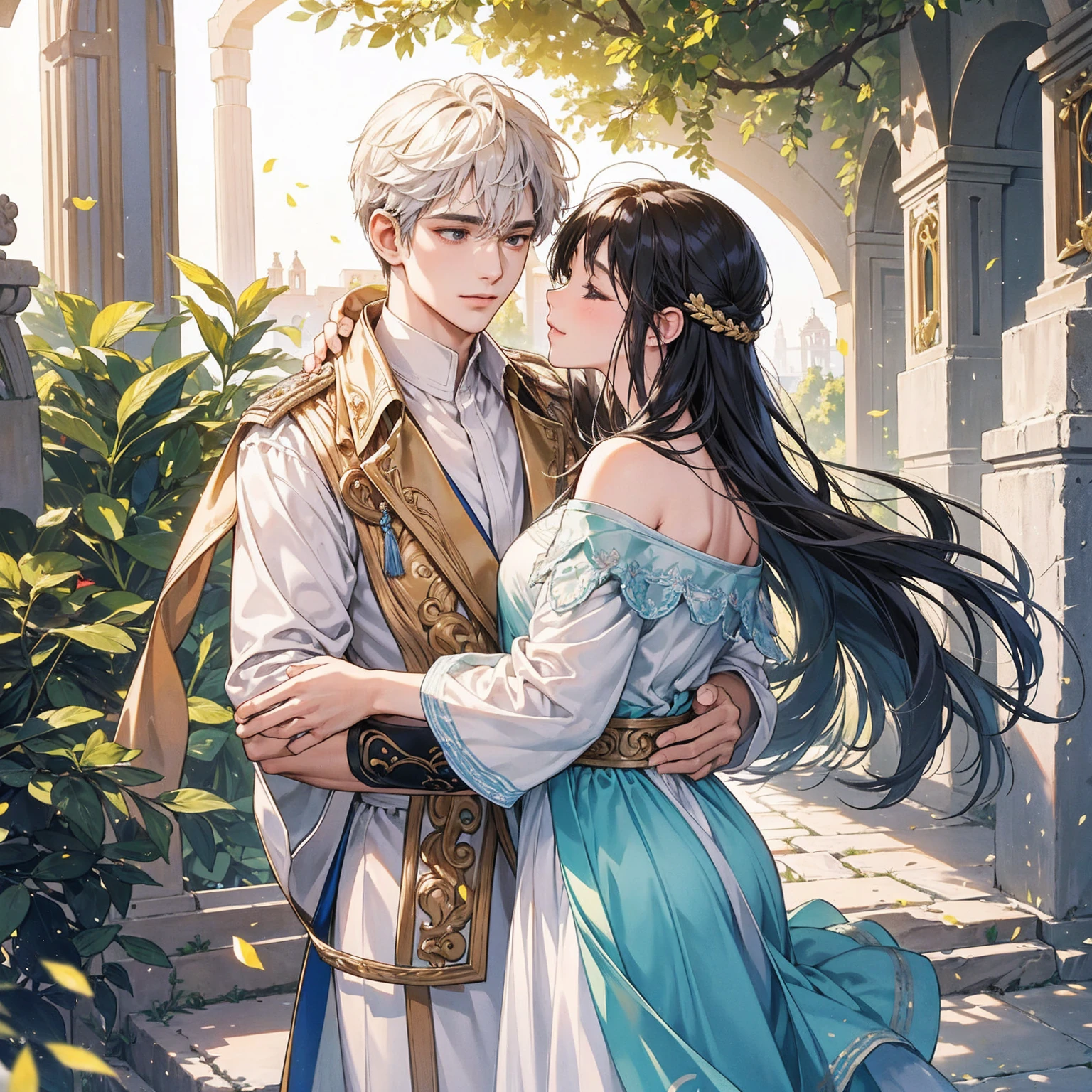 masterpiece, 最high quality, high quality, Highly detailed CG Unity 8k wallpaper, A happy couple、Emperor Constantine the Great of Rome, eternal love with Minervina, scenes of happy lovers, warm and strong embraces, bliss of love, excitement, lyrical, heartfelt, dramatic, romantic, beautiful white garments, golden belts, high vibrations, pure love, the splendor of Greece and Rome, the light of heavenly Jerusalem, washing of the soul, purification of the heart, healing of the body, joy, happiness of love, heartfelt smiles, the happiness of forgiveness, gratitude, thankfulness, praying for everyone for love, redemption, forgiveness, healing, and tranquility. These are events on Earth. Everyone is happily spending time in their own heavens. Also, friendly and pleasant relationships, sacred atmosphere, paradise of greenery and flowers, heaven, blessings and protection, beautiful, shining, ultra-high quality, ultra-high resolution, ultra-fine, ultra-beautiful, masterpiece.