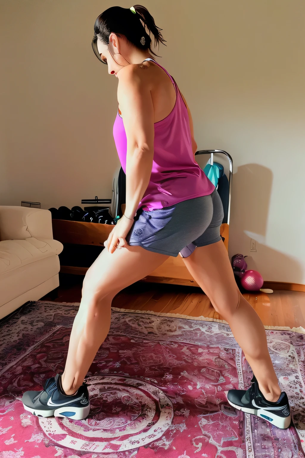 arafed woman in a pink tank top and blue shorts is standing on a skateboard, side view of her taking steps, toned legs, workout, fit pic, leg and hip shot, side pose, long shot from back, pointed pose, working out, standing athletic pose, back arched, in shorts, from back, side portrait, wearing fitness gear