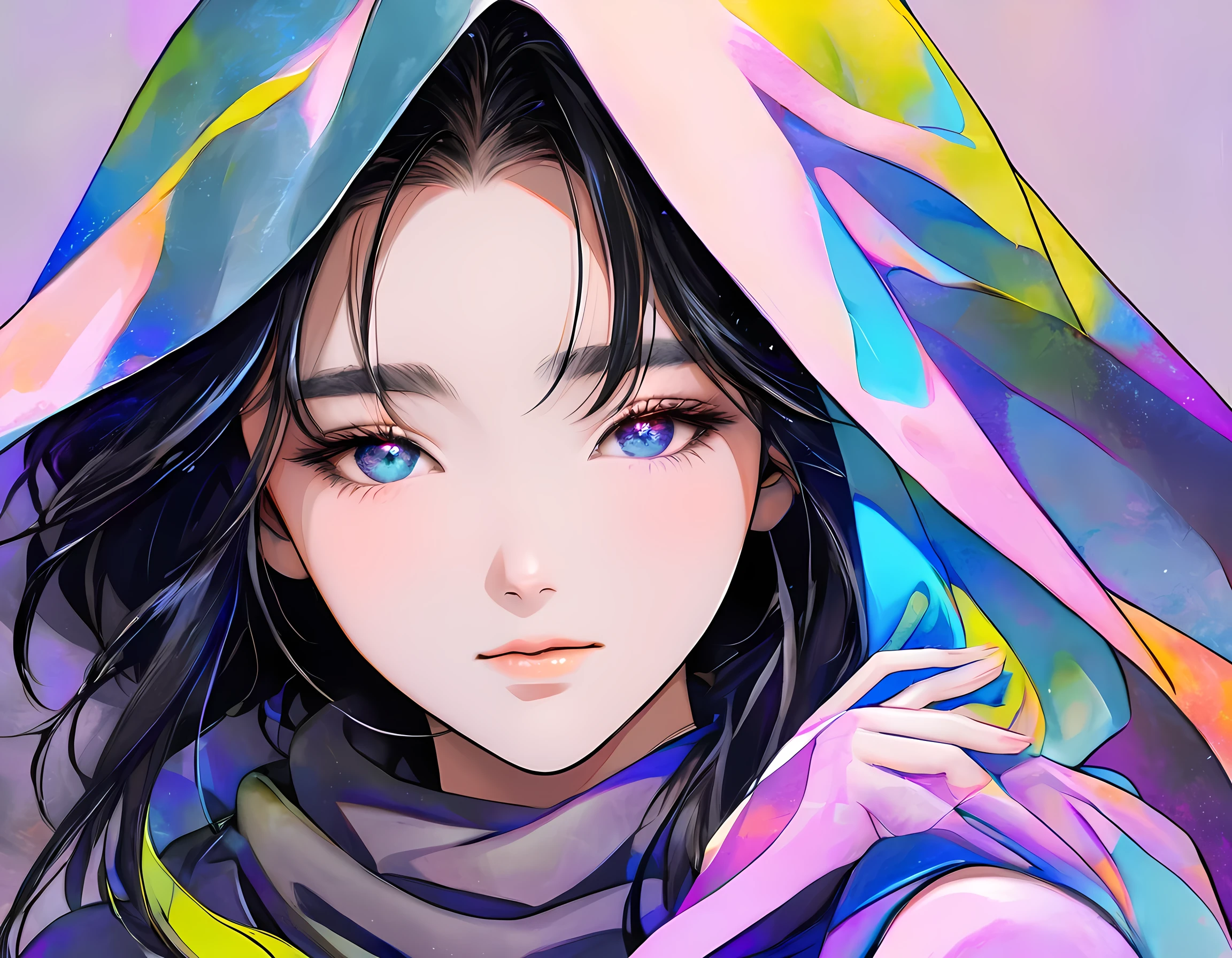 The image is a close-up portrait of a young woman with an ethereal appearance. She has long black hair that flows down to her shoulders and is wearing a thin scarf or veil that blends into the background. Her complexion is flawless and is complemented by delicate make-up with earthy colours on her eyelids and a soft peachy colour on her lips. She gently palms her face cheeks, exuding serenity and calm.
