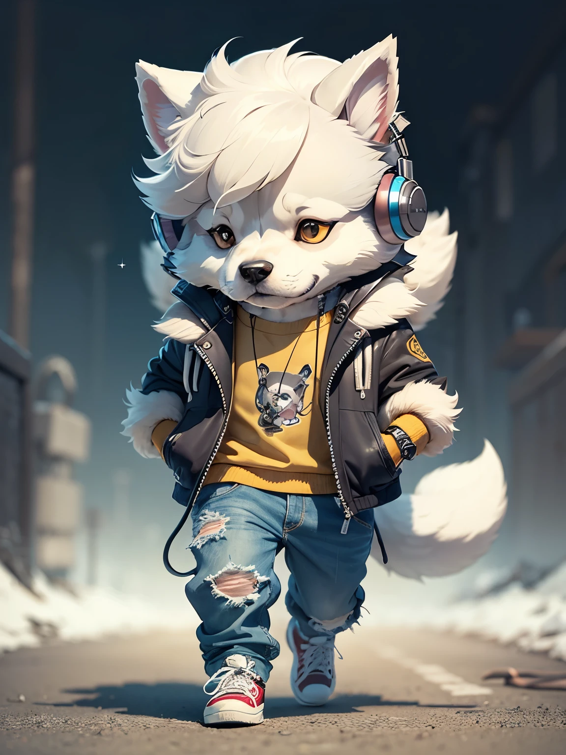 c4tt4stic, Cartoon dog breed White Alaskan Malamute in down vest, jeans, headphones and sneakers