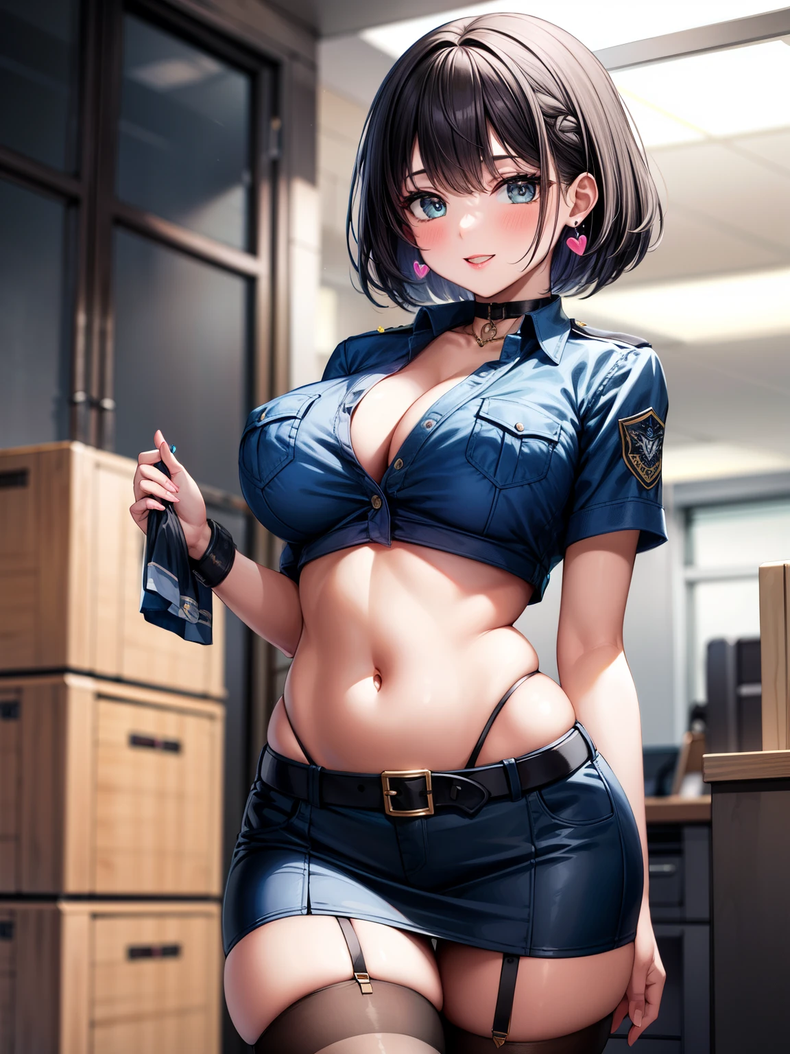 masterpiece, high quality, Fine grain, One girl, alone, Black medium hair, Bobcut, bangs, (Big Breasts 1.0), (Volupture:1.2), Slender body, Long legs, A light smile, View your viewers, (Contrasting:1.0),Cowboy Shot (office:1.1), Blue police uniform,Armband, chest badge, button, Short sleeve, Chest pocket, belt, Cleavage, Cropped tops, Blue short pencil skirt, belly button, Garter Straps, Black knee socks, belly button, Heart Earrings, choker, Thigh straps, Covered nipples, A glimpse of white panties