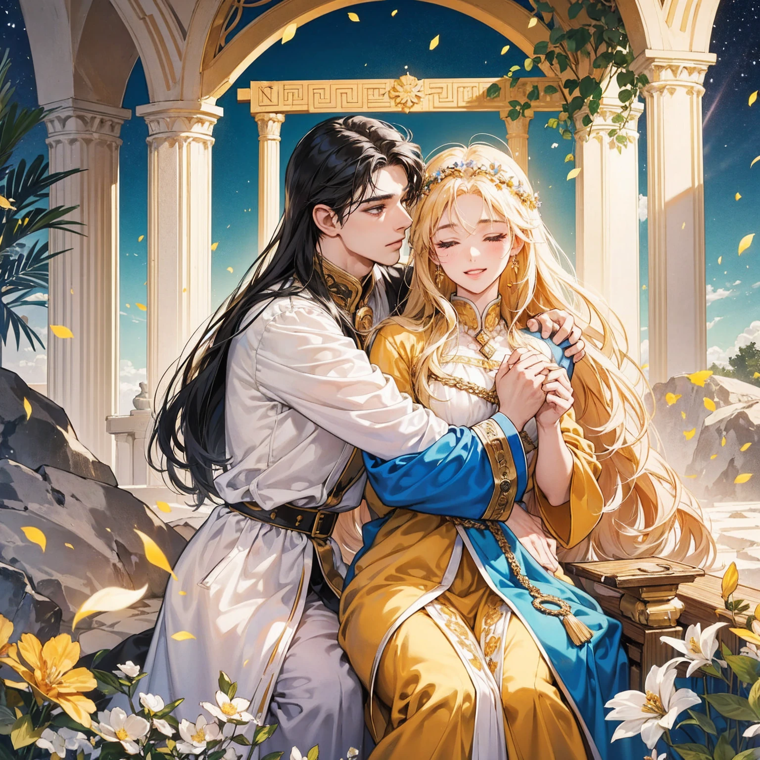 masterpiece, 最high quality, high quality, Highly detailed CG Unity 8k wallpaper, A happy couple、Emperor Constantine the Great of Rome, eternal love with Minervina, scenes of happy lovers, warm and strong embraces, bliss of love, excitement, lyrical, heartfelt, dramatic, romantic, beautiful white garments, golden belts, high vibrations, pure love, the splendor of Greece and Rome, the light of heavenly Jerusalem, washing of the soul, purification of the heart, healing of the body, joy, happiness of love, heartfelt smiles, the happiness of forgiveness, gratitude, thankfulness, praying for everyone for love, redemption, forgiveness, healing, and tranquility. These are events on Earth. Everyone is happily spending time in their own heavens. Also, friendly and pleasant relationships, sacred atmosphere, paradise of greenery and flowers, heaven, blessings and protection, beautiful, shining, ultra-high quality, ultra-high resolution, ultra-fine, ultra-beautiful, masterpiece.