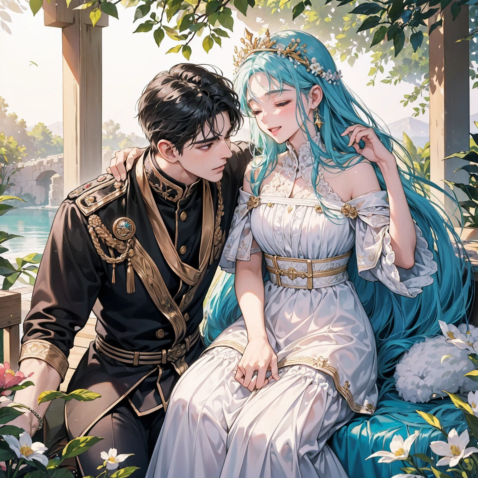 masterpiece, 最high quality, high quality, Highly detailed CG Unity 8k wallpaper, A happy couple、Emperor Constantine the Great of Rome, eternal love with Minervina, scenes of happy lovers, warm and strong embraces, bliss of love, excitement, lyrical, heartfelt, dramatic, romantic, beautiful white garments, golden belts, high vibrations, pure love, the splendor of Greece and Rome, the light of heavenly Jerusalem, washing of the soul, purification of the heart, healing of the body, joy, happiness of love, heartfelt smiles, the happiness of forgiveness, gratitude, thankfulness, praying for everyone for love, redemption, forgiveness, healing, and tranquility. These are events on Earth. Everyone is happily spending time in their own heavens. Also, friendly and pleasant relationships, sacred atmosphere, paradise of greenery and flowers, heaven, blessings and protection, beautiful, shining, ultra-high quality, ultra-high resolution, ultra-fine, ultra-beautiful, masterpiece.