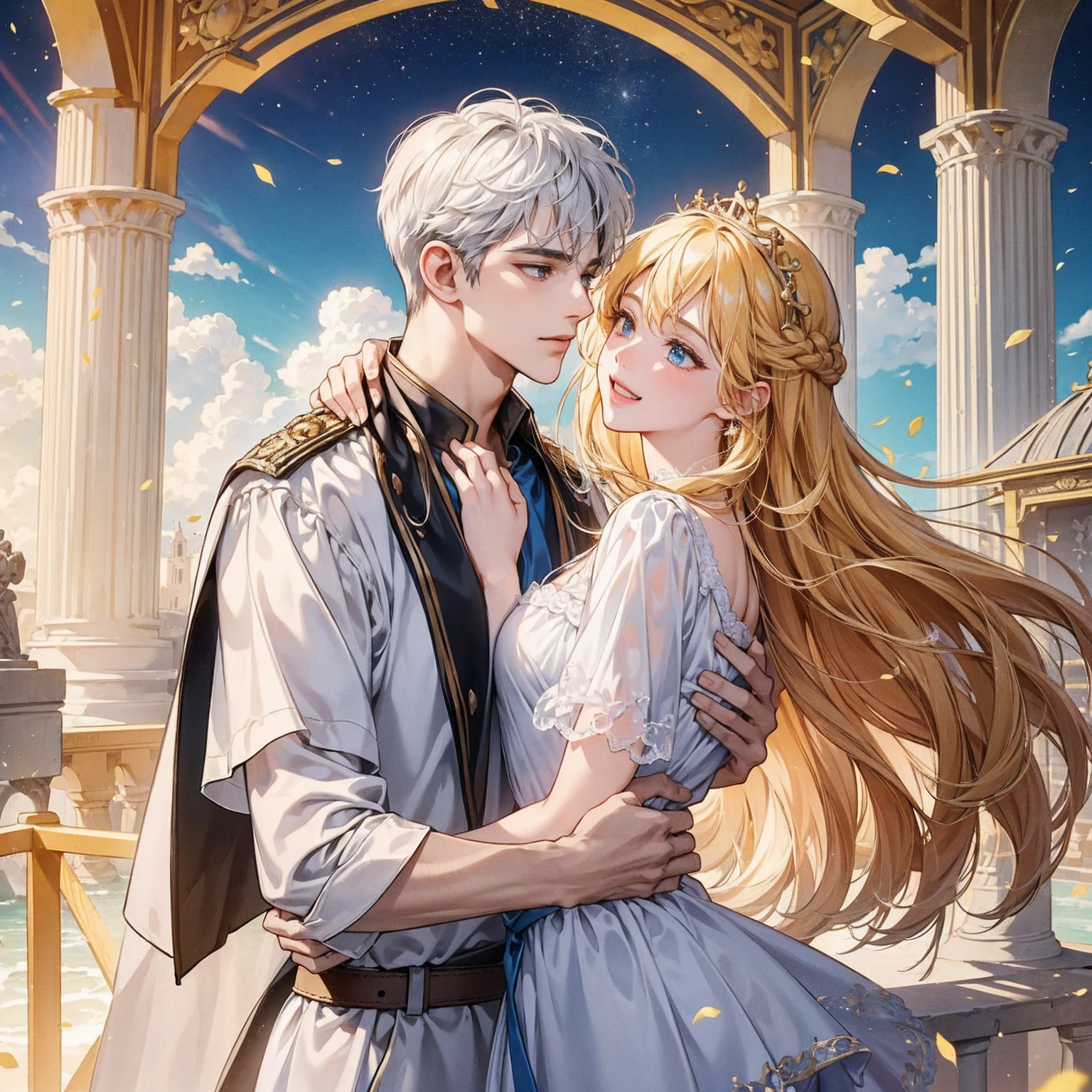 masterpiece, 最high quality, high quality, Highly detailed CG Unity 8k wallpaper, A happy couple、Emperor Constantine the Great of Rome, eternal love with Minervina, scenes of happy lovers, warm and strong embraces, bliss of love, excitement, lyrical, heartfelt, dramatic, romantic, beautiful white garments, golden belts, high vibrations, pure love, the splendor of Greece and Rome, the light of heavenly Jerusalem, washing of the soul, purification of the heart, healing of the body, joy, happiness of love, heartfelt smiles, the happiness of forgiveness, gratitude, thankfulness, praying for everyone for love, redemption, forgiveness, healing, and tranquility. These are events on Earth. Everyone is happily spending time in their own heavens. Also, friendly and pleasant relationships, sacred atmosphere, paradise of greenery and flowers, heaven, blessings and protection, beautiful, shining, ultra-high quality, ultra-high resolution, ultra-fine, ultra-beautiful, masterpiece.