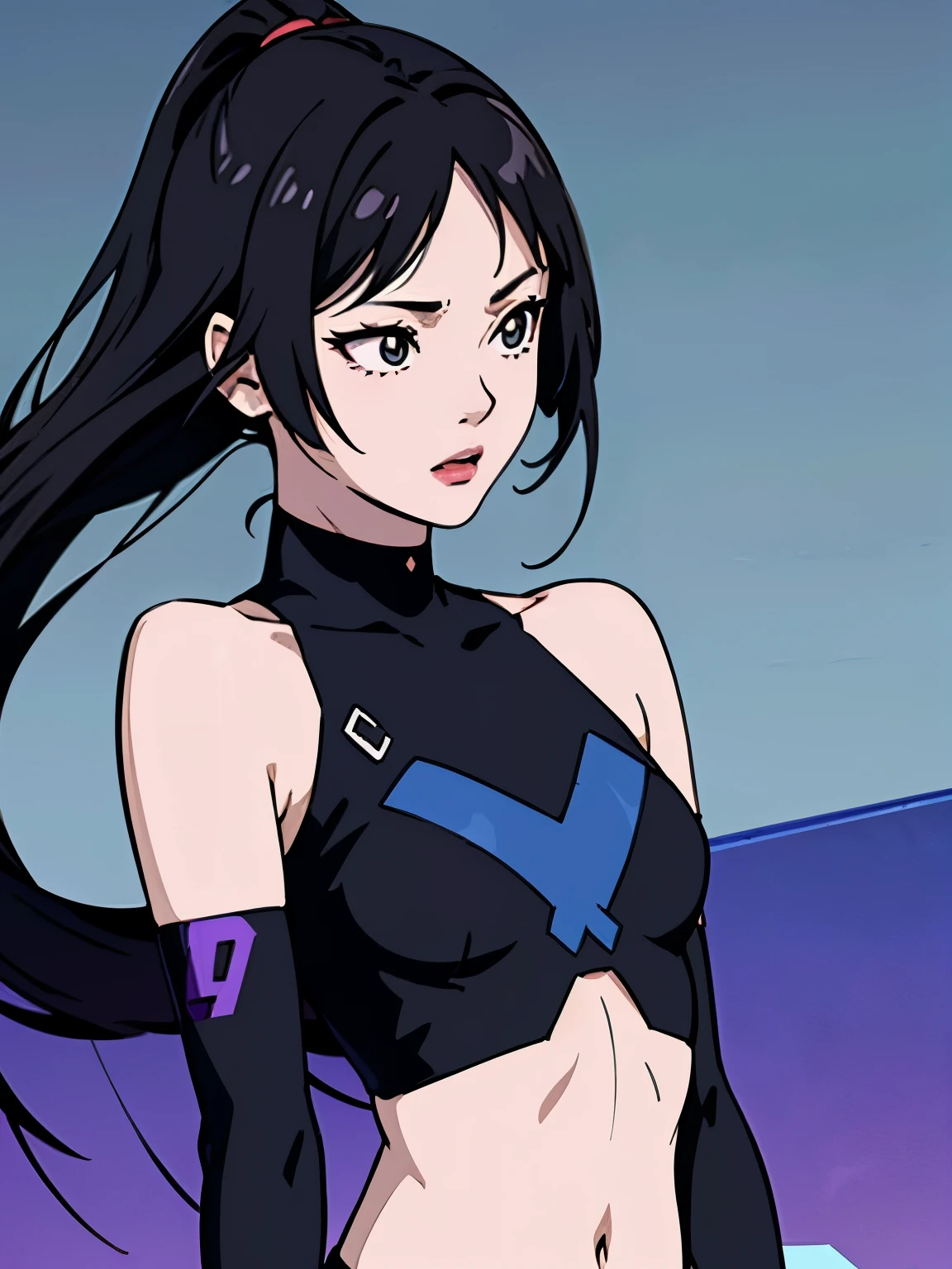 digital art drawing, illustration of (girl, long dark black hair mid part, brown eyes, sexy facial expression, flat chest, light blue corsette, single arm black sleeve, cyberpunk background), anime drawing/art, bold linework, illustration, digital art, masterpiece, flat illustration, no shadows, 8k resolution, high detail, vector art, only anime, perfect eyes, perfect hands, perfect fingers, sharpness, high clarity, medium close up, high fidelity