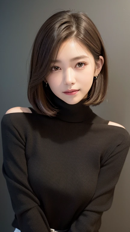 (((Close-up of face)))、(((Absolutely shoulder-length brown straight short bob)))、(((She is posing like a hair salon model, with a black wall indoors as the background.)))、(((Casual black winter long sleeves with shoulders covered)))、Half Japanese, half Korean、18 year old girl、Standing Alone、Looking forward、Light eye makeup、Brown Hair Color、Flat and 、Hair blowing in the wind、Actress Quality、Glossy, ultra-realistic face、Smiling face、Watery eyes、Gazing Up、Subtle lighting effects、 Ultra-Realistic Capture、Very detailed、High resolution 16K close up of human skin。Skin texture must be natural、The details must be such that pores can be clearly seen、The skin is healthy、Uniform tone、Use natural light and colors、A worn-out, high-quality photo taken by a model agency&#39;s in-house photographer.、smile、(((SIGMA 300 mm F/1.4,1/1000 sec shutter,ISO 400))) 