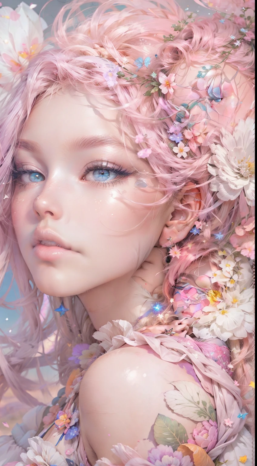 ((masterpiece)). This artwork is dreamy and ethereal, with soft pink watercolor hues. Generate a  fairy exploring a bubblegum world with a wide variety of pastel shades. Her sweet, realistic face is extremely detailed and has puffy, big lips and stunning, highly realistic eyes. Her eyes are important and should be realistic, highly detailed, and beautiful. In high definition and detail, include lots of details like stars, galaxies, colorful bubbles, colorful petals, and lots of energy and emotion! Include fantasy details, enhanced details, iridescence, colorful glittering wind, and pollen. Pay special attention to her face and make sure it is beautifully and realistically detailed. The image should be dreamy and ethereal.8k, intricate, elegant, highly detailed, majestic, digital photography