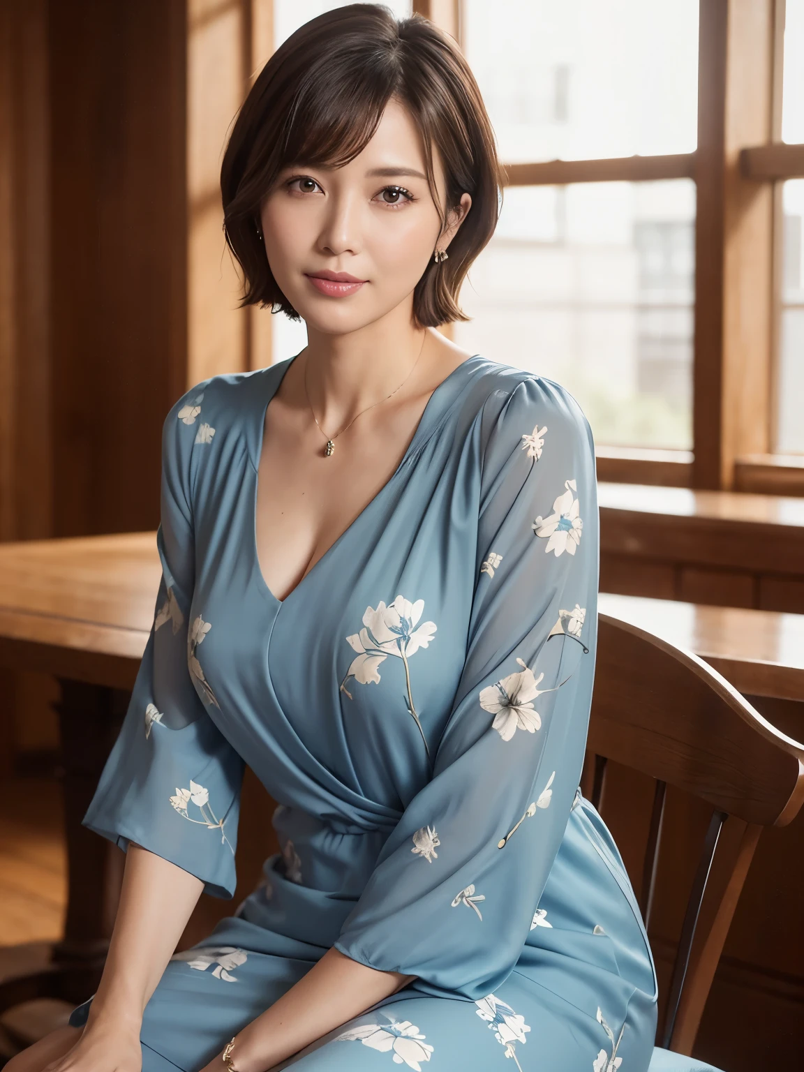 A woman sitting on a chair in a blue dress - SeaArt AI