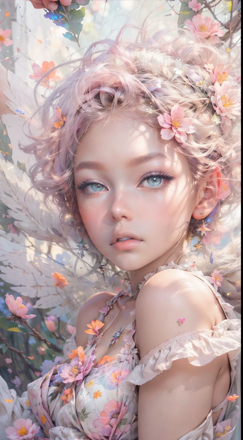 ((masterpiece)). This artwork is dreamy and ethereal, with soft pink watercolor hues. Generate a  fairy exploring a bubblegum world with a wide variety of pastel shades. Her sweet, realistic face is extremely detailed and has puffy, big lips and stunning, highly realistic eyes. Her eyes are important and should be realistic, highly detailed, and beautiful. In high definition and detail, include lots of details like stars, galaxies, colorful bubbles, colorful petals, and lots of energy and emotion! Include fantasy details, enhanced details, iridescence, colorful glittering wind, and pollen. Pay special attention to her face and make sure it is beautifully and realistically detailed. The image should be dreamy and ethereal.8k, intricate, elegant, highly detailed, majestic, digital photography