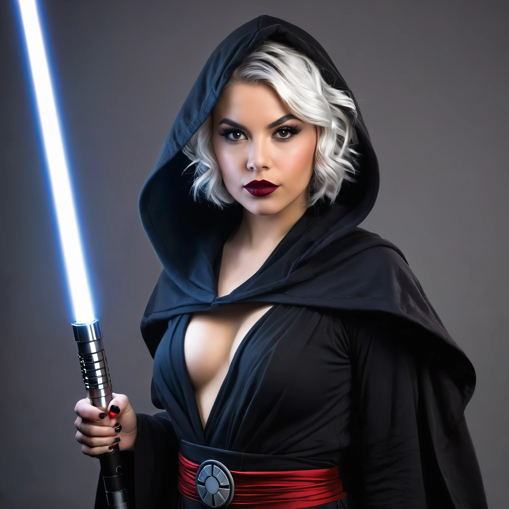 (full body side view, low angle)), Sierra, a 21 year old athletic woman, Cup-D , cleavage, round booty, detailed face, ((shoulder-short unusually white hair with grey strands, full, wavy)), ((looking intensely into the camera)), Star Wars, special Sith patterned make-up on face, tattooed face, dark red lipstick, smoky eyes, dark eye lids, posing in a hooded, dark Sith robe, eyes in the shadow, fierce look, dynamically walking, holding a double sided lightsaber, picture is taken at a Comic-Con, full body view
