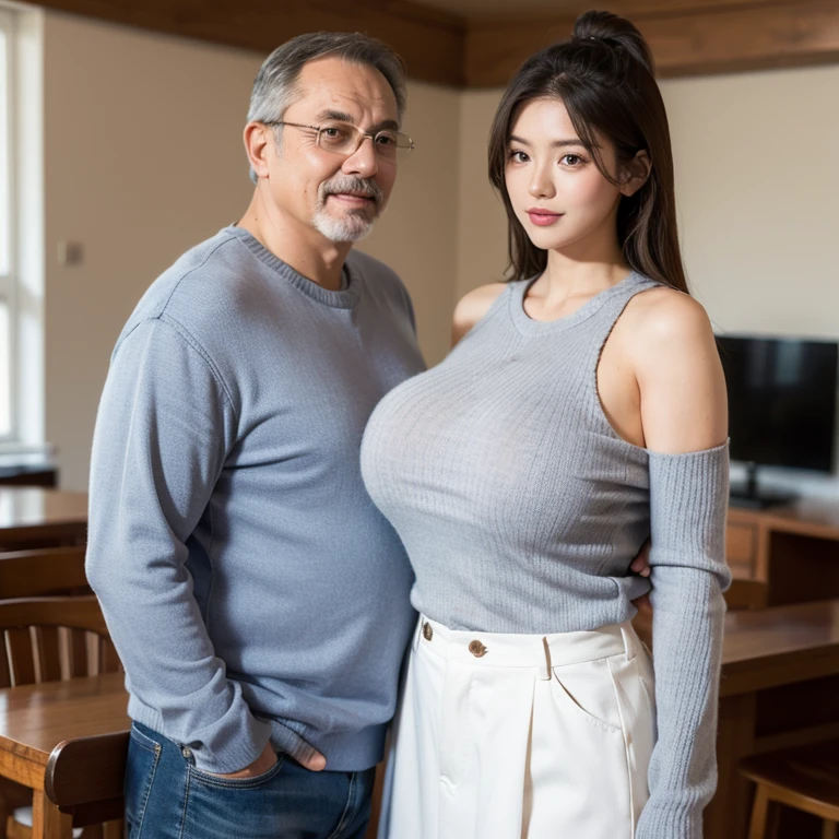 Big breasted girl in knit and her dad