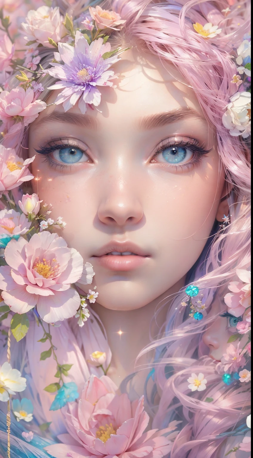 ((masterpiece)). This artwork is dreamy and ethereal, with soft pink watercolor hues. Generate a  fairy exploring a bubblegum world with a wide variety of pastel shades. Her sweet, realistic face is extremely detailed and has puffy, big lips and stunning, highly realistic eyes. Her eyes are important and should be realistic, highly detailed, and beautiful. In high definition and detail, include lots of details like stars, galaxies, colorful bubbles, colorful petals, and lots of energy and emotion! Include fantasy details, enhanced details, iridescence, colorful glittering wind, and pollen. Pay special attention to her face and make sure it is beautifully and realistically detailed. The image should be dreamy and ethereal.8k, intricate, elegant, highly detailed, majestic, digital photography