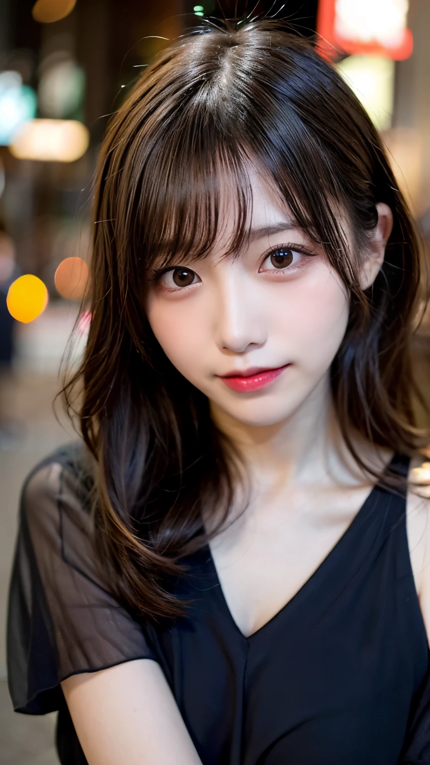 Tabletop, highest quality, shape, Very detailed, finely, High resolution, 8k wallpaper, 完璧なダイナミックな構shape, finelyて美しい目, Wearing a black dress,Medium Hair,Natural color lip, smile,Harajuku、age Girl、cute、Looking at the camera、C Cup、Brown Hair、Blurred night New York background