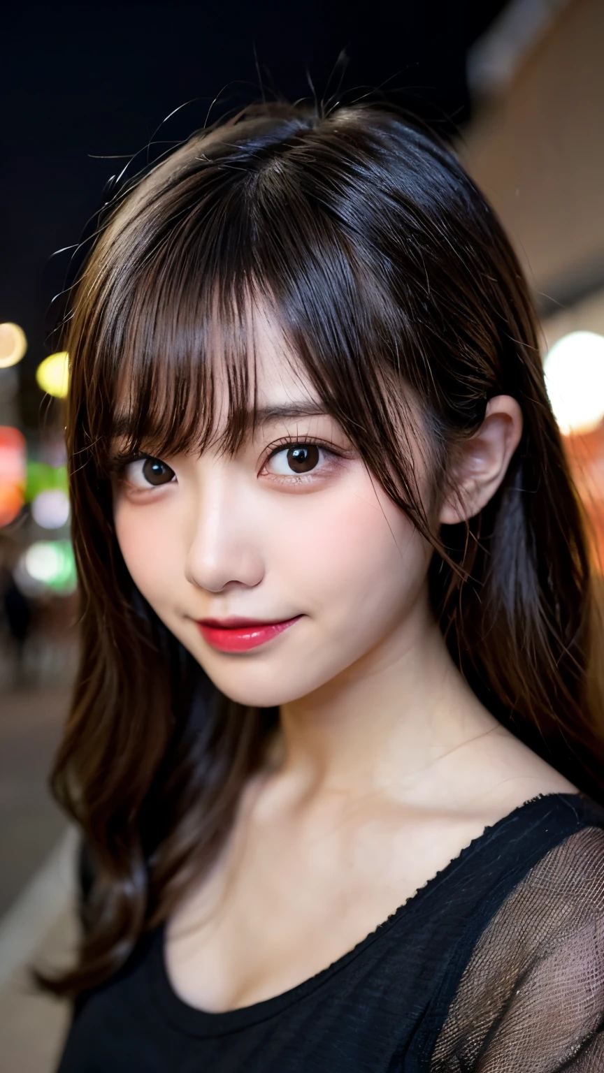 Tabletop, highest quality, shape, Very detailed, finely, High resolution, 8k wallpaper, 完璧なダイナミックな構shape, finelyて美しい目, Wearing a black dress,Medium Hair,Natural color lip, smile,Harajuku、Teenage Girl、cute、Looking at the camera、C Cup、Brown Hair、Blurred night New York background