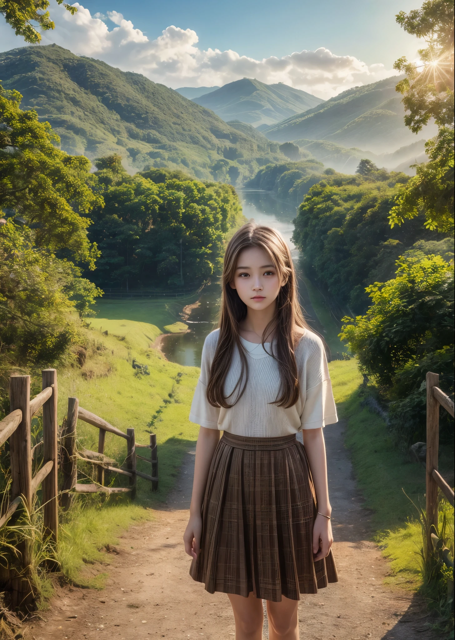 age Girls、Casual clothing、Brown Hair、Rural landscape、Morning Glow、Looking at the camera、Full body photo、masterpiece、highest quality、Very detailed、Official Art、(((masterpiece))), (((highest quality))), ((Intricate details)), ((Surreal))、