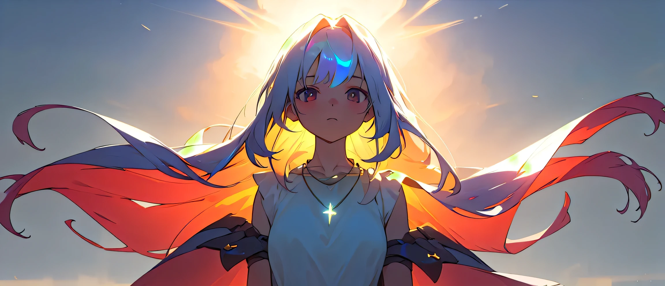 best quality, masterpiece, highres, solo, 1girl, , standing, arms at sides, long hair, portrait, shade, iridescent hair, necklace, simple background, detailed,white light theme, warm light, Witchcore,light,divine light, innocent girl look, very windy,hair movement