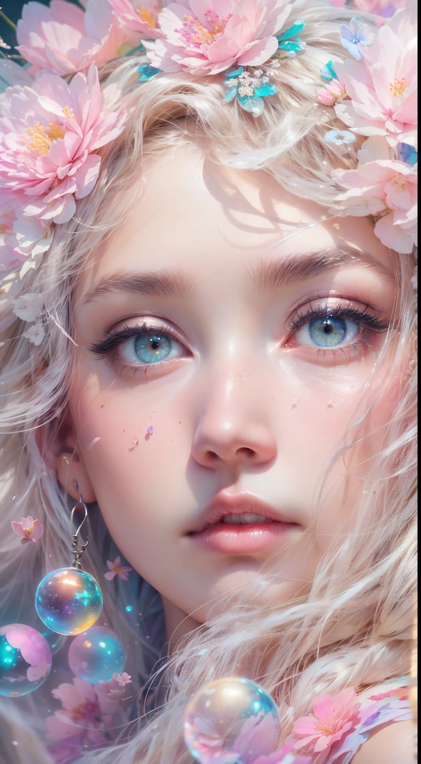 ((masterpiece)). This artwork is dreamy and ethereal, with soft pink watercolor hues. Generate a fairy exploring a bubblegum world with a wide variety of pastel shades. Her sweet, realistic face is extremely detailed and has puffy, big lips and stunning, highly realistic eyes. Her eyes are important and should be realistic, highly detailed, and beautiful. In high definition and detail, include lots of details like stars, galaxies, colorful bubbles, colorful petals, and lots of energy and emotion! Include fantasy details, enhanced details, iridescence, colorful glittering wind, and pollen. Pay special attention to her face and make sure it is beautifully and realistically detailed. The image should be dreamy and ethereal.8k, intricate, elegant, highly detailed, majestic, digital photography