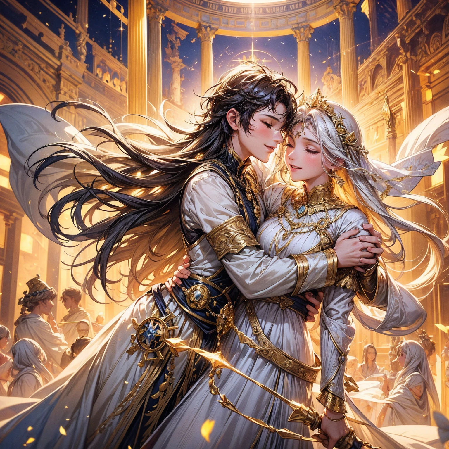 masterpiece, 最high quality, high quality, Highly detailed CG Unity 8k wallpaper, A happy couple、Emperor Constantine the Great of Rome, eternal love with Minervina, scenes of happy lovers, warm and strong embraces, bliss of love, excitement, lyrical, heartfelt, dramatic, romantic, beautiful white garments, golden belts, high vibrations, pure love, the splendor of Greece and Rome, the light of heavenly Jerusalem, washing of the soul, purification of the heart, healing of the body, joy, happiness of love, heartfelt smiles, the happiness of forgiveness, gratitude, thankfulness, praying for everyone for love, redemption, forgiveness, healing, and tranquility. These are events on Earth. Everyone is happily spending time in their own heavens. Also, friendly and pleasant relationships, sacred atmosphere, paradise of greenery and flowers, heaven, blessings and protection, beautiful, shining, ultra-high quality, ultra-high resolution, ultra-fine, ultra-beautiful, masterpiece.