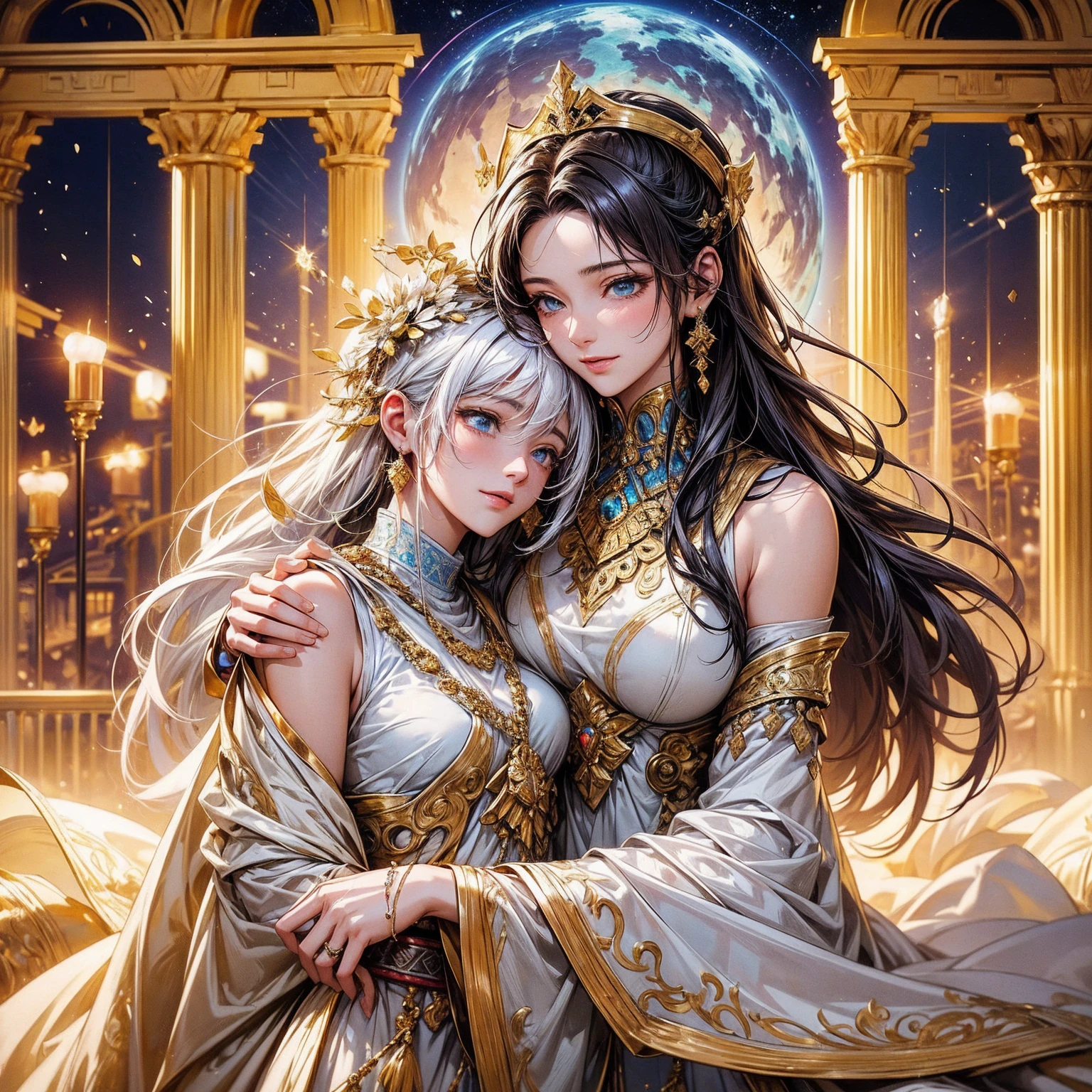 masterpiece, 最high quality, high quality, Highly detailed CG Unity 8k wallpaper, A happy couple、Emperor Constantine the Great of Rome, eternal love with Minervina, scenes of happy lovers, warm and strong embraces, bliss of love, excitement, lyrical, heartfelt, dramatic, romantic, beautiful white garments, golden belts, high vibrations, pure love, the splendor of Greece and Rome, the light of heavenly Jerusalem, washing of the soul, purification of the heart, healing of the body, joy, happiness of love, heartfelt smiles, the happiness of forgiveness, gratitude, thankfulness, praying for everyone for love, redemption, forgiveness, healing, and tranquility. These are events on Earth. Everyone is happily spending time in their own heavens. Also, friendly and pleasant relationships, sacred atmosphere, paradise of greenery and flowers, heaven, blessings and protection, beautiful, shining, ultra-high quality, ultra-high resolution, ultra-fine, ultra-beautiful, masterpiece.