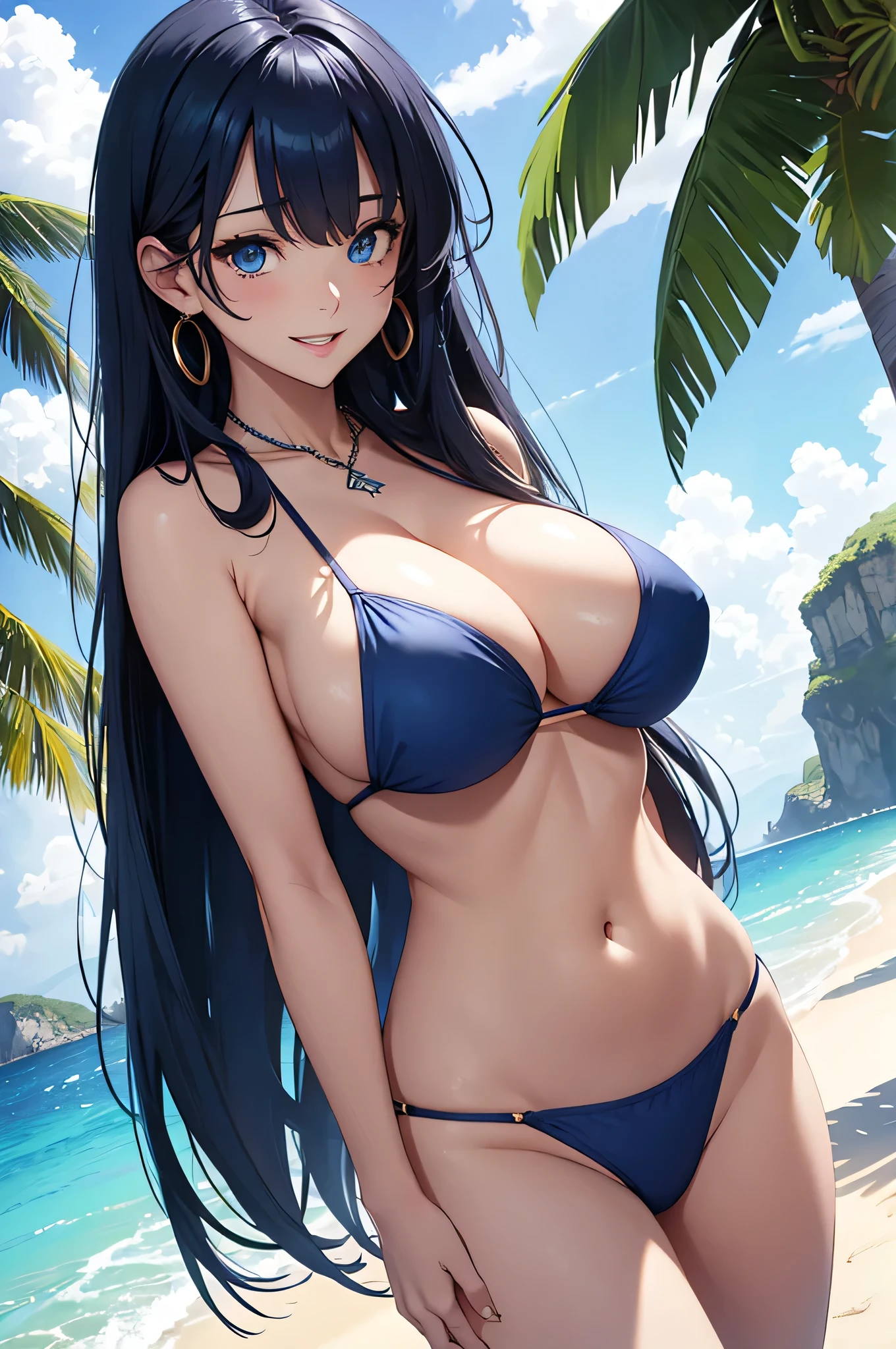beautiful girl,Long dark blue hair ,blue eyes,Navy Blue Bikini、Big cleavage、(Big Breasts)、smile、blue necklace、Blue Earrings、background(Beach)、Sexy pose、Open your mouth wide