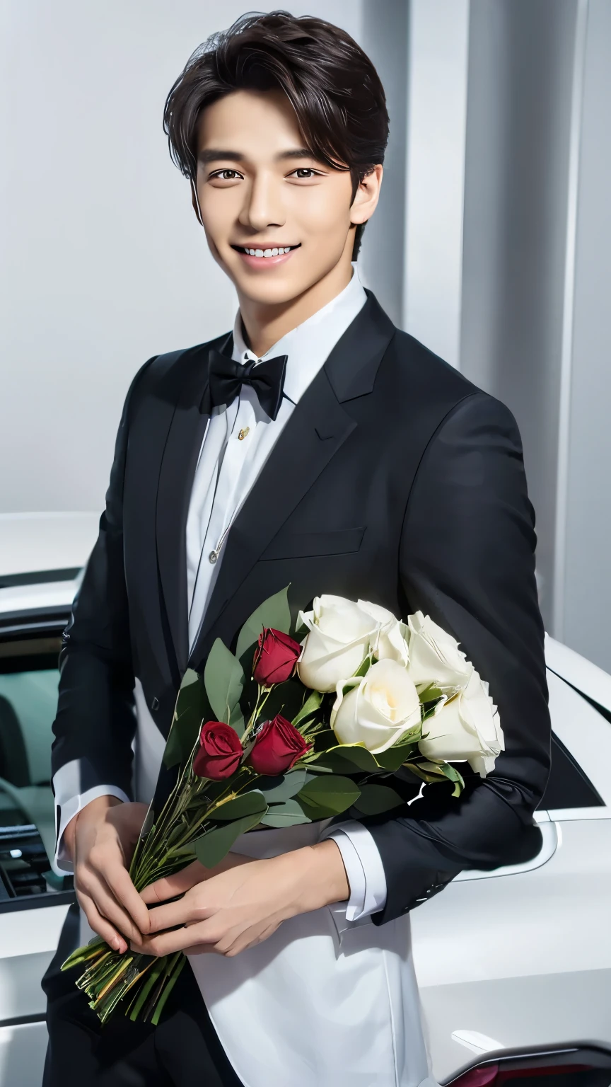 ((Behind the man is a white BMW840I car))(bust:1.3),Front view,Lovely,Smile,upscale, masterpiece, Beautiful hands,Ultra-high resolution,(Reality: 1.4),A handsome young man in a black suit,Portrait of a woman with flowers in white studio, He holds a bouquet of roses to celebrate Valentine's Day,Valentine's Day style,Solid color background,Front view