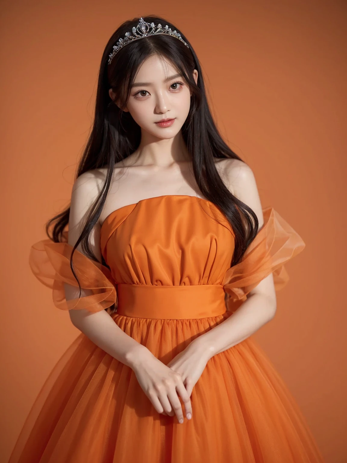 dark orange 옷을 입은 여성이 손에 꽃을 들고 있습니다.., dark orange 옷을 입고, 오간자 가운과 dark orange 볼룸 가운 착용.,dark orange clothes, dark orange 양복을 입고, Stylish Editorial Photography, official valentino editorial, translucent dress, Subtle and dreamy, Highly saturated dark pink, celestial fairy tale, very subtle, dreamy and heavenly, dark orange , Lots of merlot, official dior editorial, enlargement, smile at me, small tiara, Bardot dress, princess gown, smile
