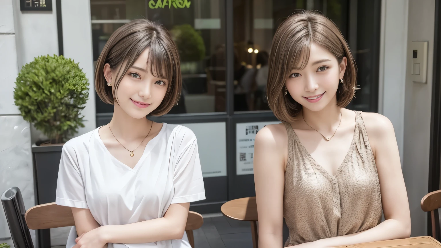 super high quality, Short Hair, Slender, Gravure photoshoot, The staff is working at the counter in the back., (8k、RAW Photos、highest quality、masterpiece:1.2), Japanese Idol, Shaggy, necklace, Stylish café, The cafe is crowded with people enjoying themselves., (Realistic、Photorealistic:1.37), Mesh Hair, Golden Ratio, Raw photo, Cute face , Light Brown Hair, Earrings, Small breasts, Blurred Background, Spring Clothes, Well-designed furniture, Beautiful hairstyle, Spoiled, Short Bob Hair, Open Cafe, Open Cafeの前に高級車, Smile, Hair blowing in the wind, Neat clothes, 18-year-old,