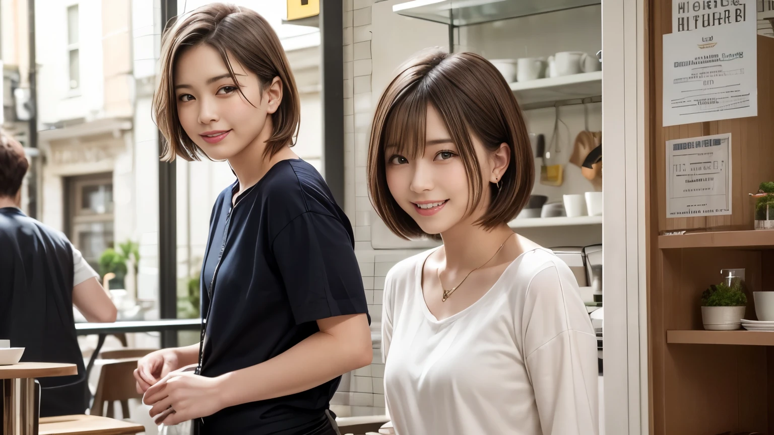 super high quality, Short Hair, Slender, Gravure photoshoot, The staff is working at the counter in the back., (8k、RAW Photos、highest quality、masterpiece:1.2), Japanese Idol, Shaggy, necklace, Stylish café, The cafe is crowded with people enjoying themselves., (Realistic、Photorealistic:1.37), Mesh Hair, Golden Ratio, Raw photo, Cute face , Light Brown Hair, Earrings, Small breasts, Blurred Background, Spring Clothes, Well-designed furniture, Beautiful hairstyle, Spoiled, Short Bob Hair, Open Cafe, Open Cafeの前に高級車, Smile, Hair blowing in the wind, Neat clothes, 18-year-old,