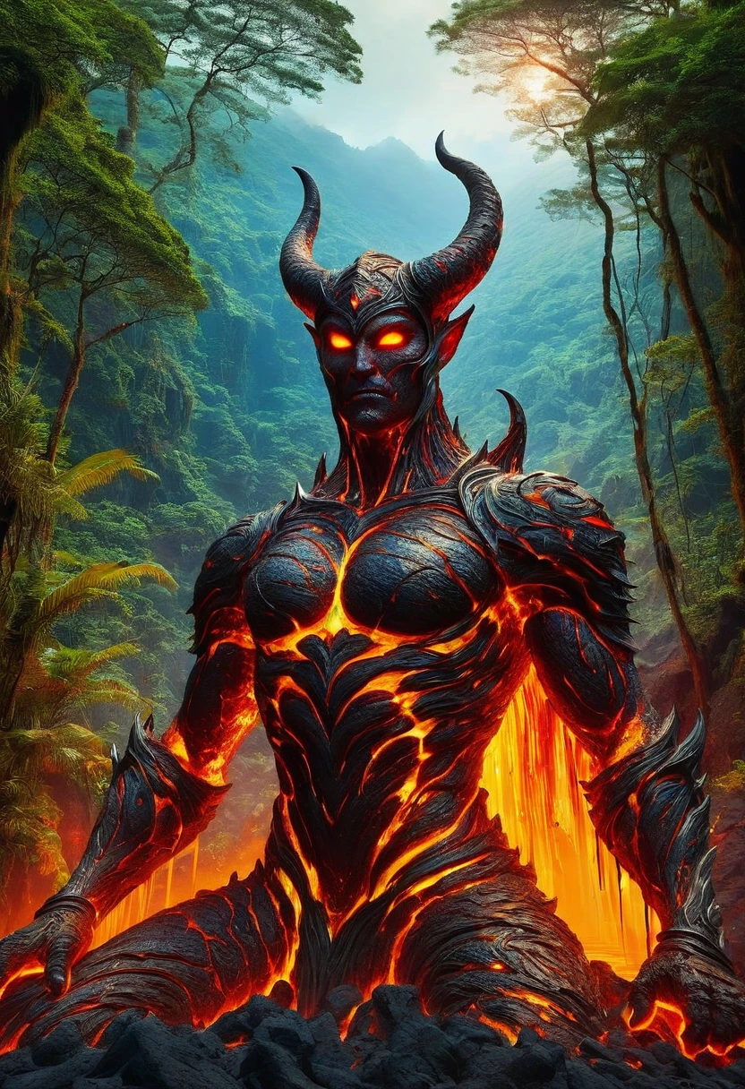 Lava Demon, ral-lava, LavaRay, Demon made entirely of lava, (best quality, highres, ultra-detailed:1.2), intense, fiery, and fearsome Lava Demon, glowing red eyes, sharp fangs and claws, towering over the landscape, surrounded by swirling magma, molten rivers flowing in the background, emitting a sinister glow, smoke billowing from its nostrils, an aura of pure heat and destruction, devilish horns adorned with lava drips, an otherworldly entity emerging from the depths of the Earth's core, surreal and menacing, in the style of dark fantasy art, with vibrant colors and high contrast, cast in a hellish color palette.