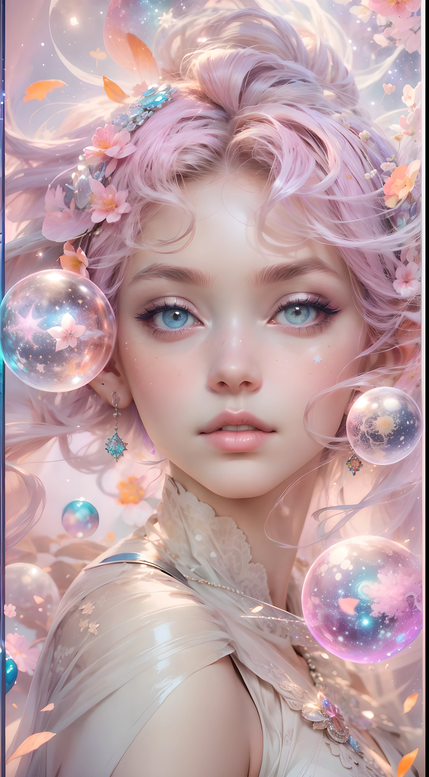 ((masterpiece)). This artwork is dreamy and ethereal, with soft pink watercolor hues. Generate a  fairy exploring a bubblegum world with a wide variety of pastel shades. Her sweet, realistic face is extremely detailed and has puffy, big lips and stunning, highly realistic eyes. Her eyes are important and should be realistic, highly detailed, and beautiful. In high definition and detail, include lots of details like stars, galaxies, colorful bubbles, colorful petals, and lots of energy and emotion! Include fantasy details, enhanced details, iridescence, colorful glittering wind, and pollen. Pay special attention to her face and make sure it is beautifully and realistically detailed. The image should be dreamy and ethereal.8k, intricate, elegant, highly detailed, majestic, digital photography