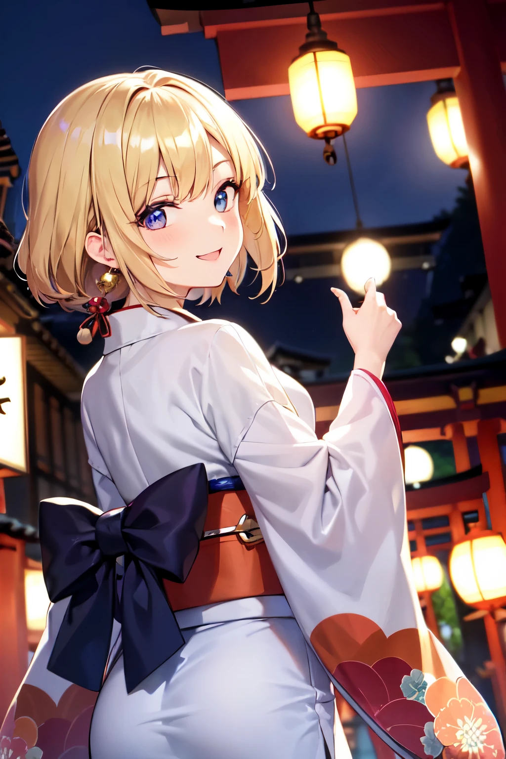 absurderes, ultra-detailliert,bright colour, extremely beautiful detailed anime face and eyes, view straight on, ;D, shiny_skin,25 years old, Short hair, , asymmetrical bangs, Blonde hair with short twin tails, Shiny hair, Delicate beautiful face, red blush、Blue eyes, White skin, hair clips, (Looking back:1.3)、(Happy smile:1.3)、Shiny hair、small earring、Small necklace、Brightly colored kimono、(Kyoto at night:1.4)