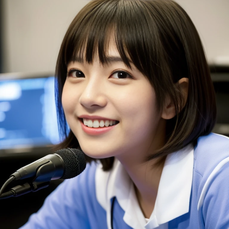 1 girl, He is sitting on a chair in the broadcasting room and speaking into a microphone.、Smiling and idol-like face、Smiling with teeth showing、alone, Japanese High School Girls, 18-year-old, (highest quality, Realistic, High resolution, 8k, Very detailed, Detailed face, Shiny skin), Japanese , Collared shirt, White shirt, Ribbon tie, Black Hair, ragged bangs, Short Bob