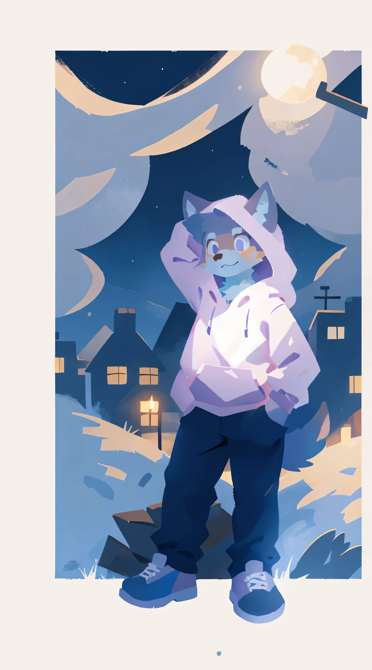 a full body, anthropomorphic old adult blue wolf wearing a light purple hoodie, pants, cute face , posing for a picture in a hill at night with a city in the far distance