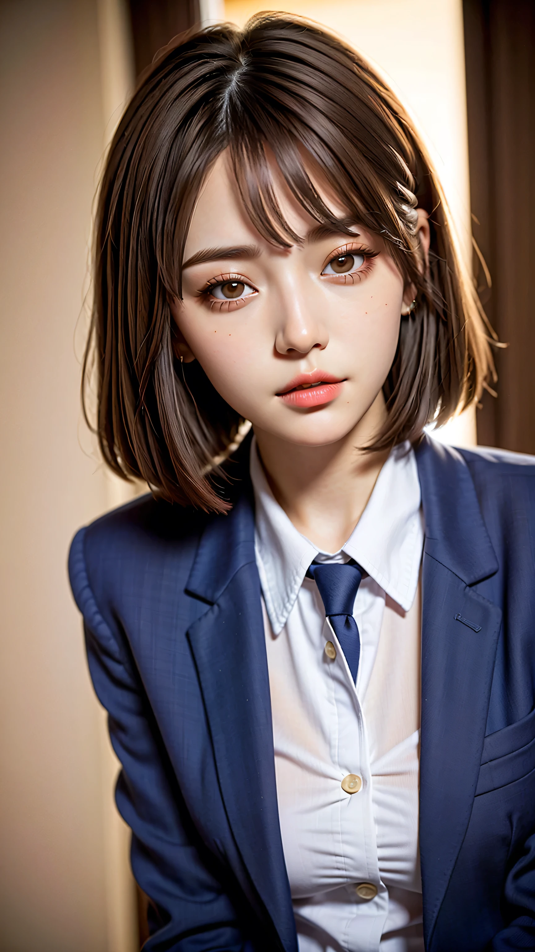 Generated in SFW, (1 Female:1.37), ((extremely Detailed sharp-portrait:1.2)), (close up of her face), Looking at the viewer, Plump Cheeks, Supermodel, 17 years old, high school girl, (Ultra realistic), ((photorealistic)), ((Sharp Focus)), (highest resolution), (the most absurd quality), (masterpiece), (Illustration), 32K, (Best Illustration), (Improvement of quality:1.4), (high detailed realistic Super beautiful face), (Highest quality realistic skin texture:1.4), (Perfect :1.37), very small head, Very small face, The background is a black wall:1.15, (school uniform, :1.05), (Navy blue long sleeve blazer:1.37), (White collared blouse shirt:1.3), (Line pattern tie:1.21), (Navy Check Skirt:1.1), Slim figure, Tight waist, (best highest detailed realistic brown_eyes:1.4), ((super realistic sharp-eyes)), (tired and sleepy and satisfied:0.0), ((close up of a woman's eyes:1.2)), perfect round eyes, finely detailed pupils, Thin lashes, Sharpen your eyebrows, Natural Makeup, [Pink lipstick], (Beautiful Lips:1.33), (Great nose:1.2), (Flat ), (Slim lower body), Shiny brown hair, Let your bangs hang long, (Short Hair:1.21), Movie Lighting, 