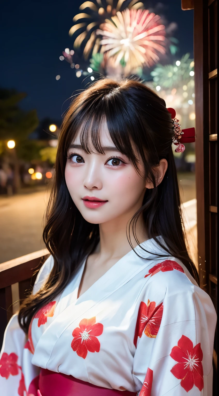 (NFSW、8k、RAW Photosgraphy、highest quality、masterpiece:1.2)、(Realistic、Photorealistic:1.37)、Ultra-high resolution、One Girl、cute、solo、night、Sitting、(Nose redness)、(Laughter:1.1)、(Closed)、huge 、Beautiful Eyes、(length:1.2)、(((Fireworks bursting into the sky、night)))、(((On top of the kimono、yukata)))、Nipples、Cleavage、Perfect body、Perfect Fingers、Professional Lighting、Japanese Goddess、gravure、Detailed face and skin texture、Detailed eyes、RAW Photos