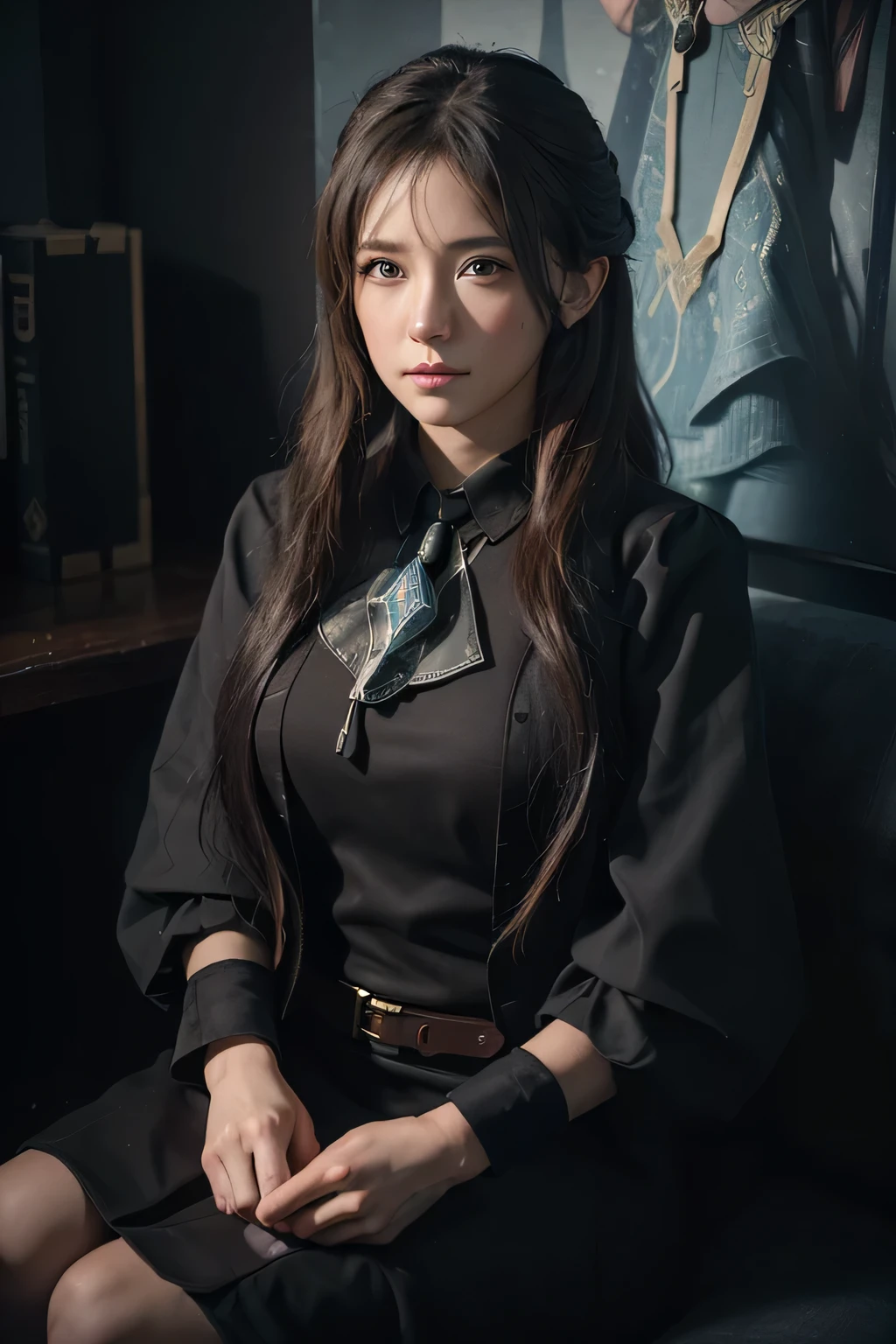 (Front Focus), (In the Dark:1.6), Hyperrealist Female Portrait by David Hockney and Alphonse Mucha, Fantasy art, Photorealistic, Dynamic Lighting, Art Station, Poster, Volumetric lighting, Highly detailed face, 4k yen, Awards, One girl, In the Dark, Deep Shadow, Modest, Cowboy Shot, (Official attire:1.4), Long Hair, Gray Hair