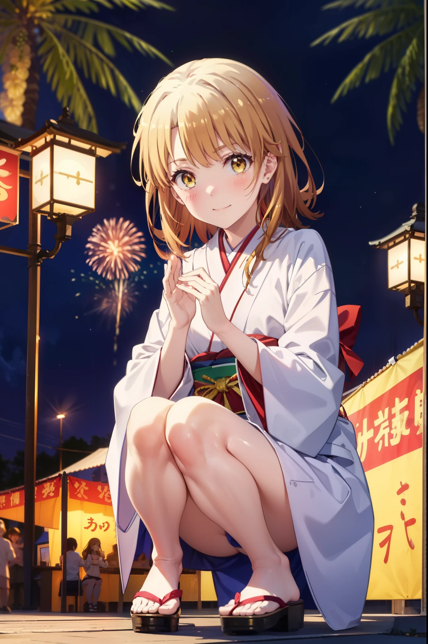 irohaisshiki, Iroha Isshiki, Long Hair, Brown Hair, (Brown eyes:1.5), smile,Yellow kimono,Thick sleeves,White tabi,Sandals,日本のFestivalり,夏Festivalりの屋台,Red lantern,Fireworks in the night sky、Fireworks,The place is a fireworks display,Time is night,sunny day,whole bodyがイラストに入るように,歩いている
break outdoors, Festival,
break looking at viewer,whole body,
break (masterpiece:1.2), highest quality, High resolution, unity 8k wallpaper, (figure:0.8), (Beautiful fine details:1.6), Highly detailed face, Perfect lighting, Highly detailed CG, (Perfect hands, Perfect Anatomy),