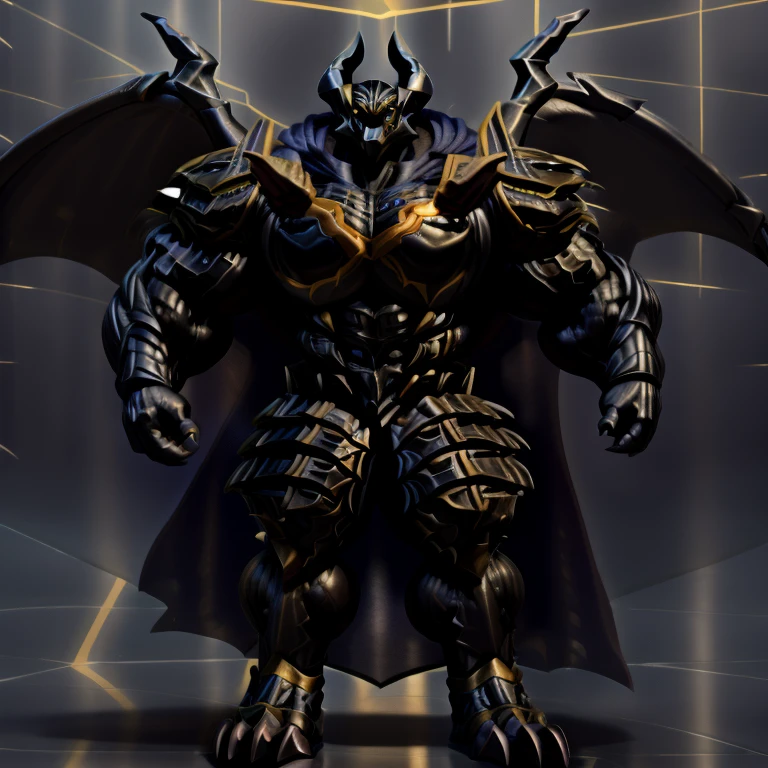 demon lord dragon batzz,  (masterpiece, best quality, detailed:1.2) full body, detailed full body, a knight's mechanical armor, glowing wide and heavy armor, wears full body armor. massive muscles, huge pecs, chiseled abs, huge pectorals, exaggeratedly huge muscles. wearing a cloak. unusually developed muscular body big muscle, pecs, triceps, traps, waist narrow, unusually developed muscular body, The claws are sharp, Sharp teeth, Spread wings, It has wings. have big wings.