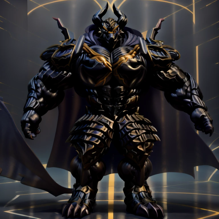 demon lord dragon batzz,  (masterpiece, best quality, detailed:1.2) full body, detailed full body, a knight's mechanical armor, glowing wide and heavy armor, wears full body armor. massive muscles, huge pecs, chiseled abs, huge pectorals, exaggeratedly huge muscles. wearing a cloak. unusually developed muscular body big muscle, pecs, triceps, traps, waist narrow, unusually developed muscular body, The claws are sharp, Sharp teeth, Spread wings, It has wings. have big wings.