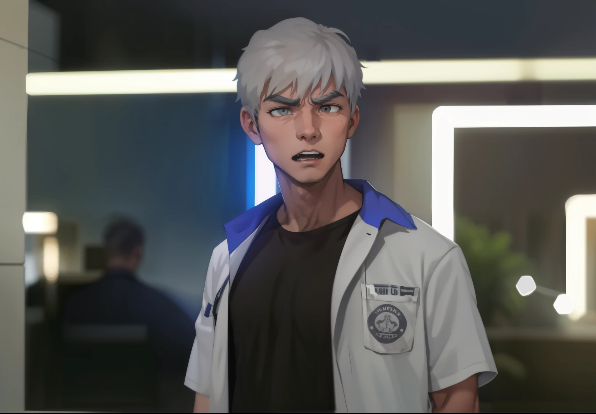 two gray haired 18 year old boys are angry 