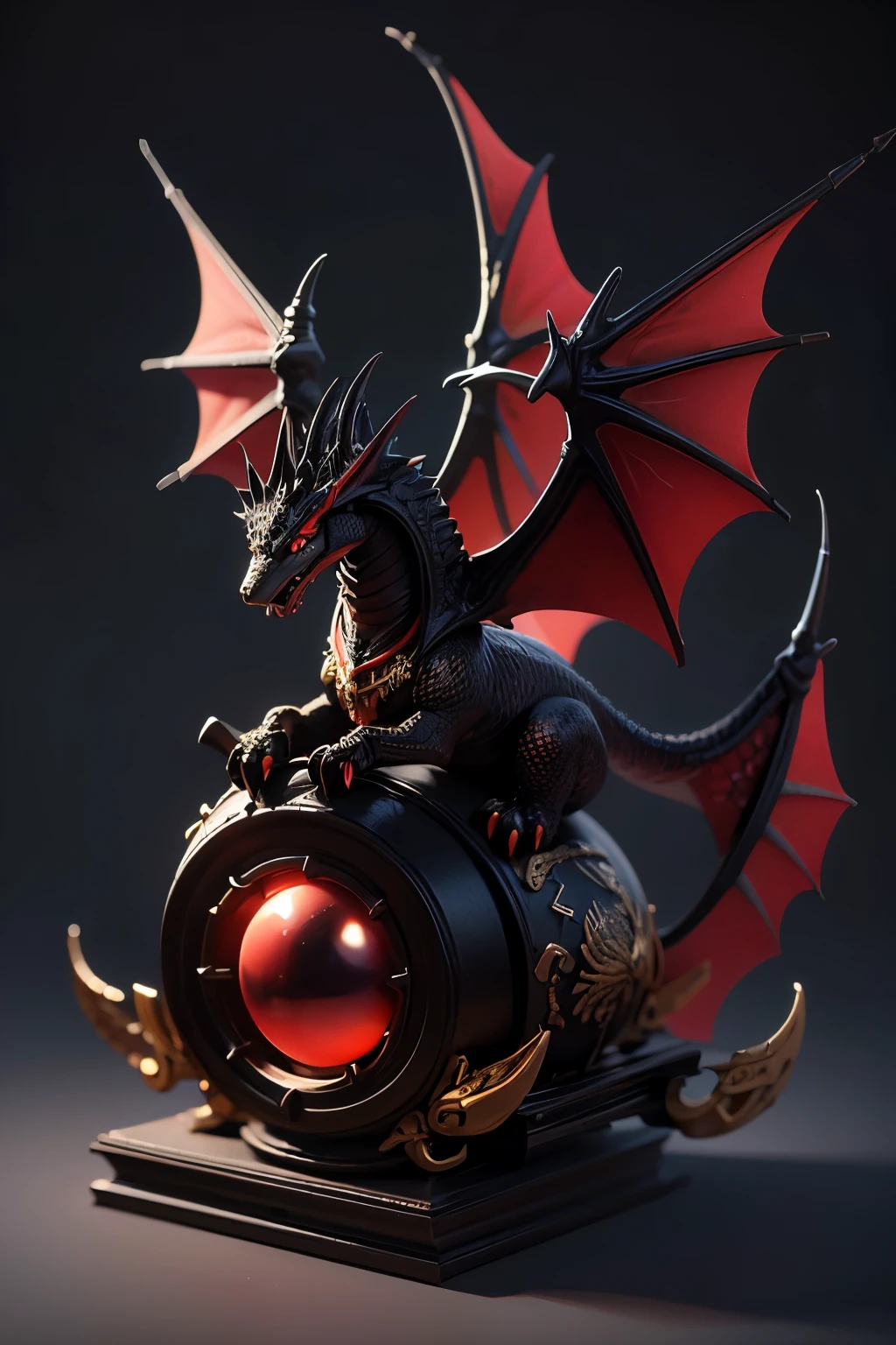 Extremely realistic 3D rendering、cute、Huge black red gold dragon、Big Wings、Extremely intricate details