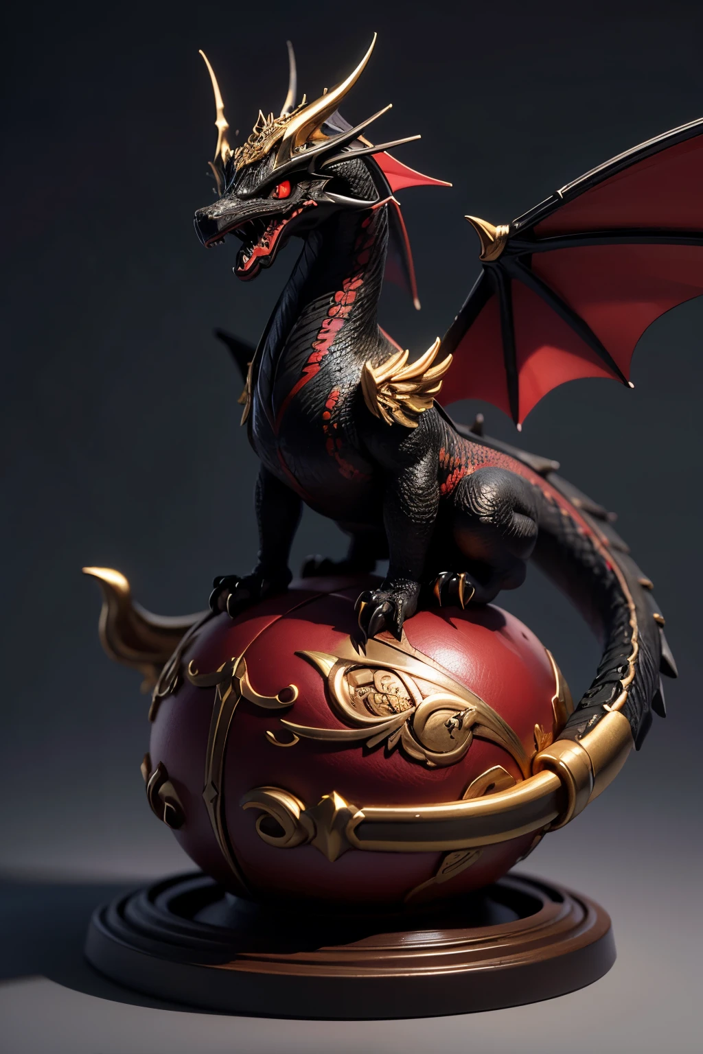 Extremely realistic 3D rendering、cute、Huge black red gold dragon、Big Wings、Extremely intricate details