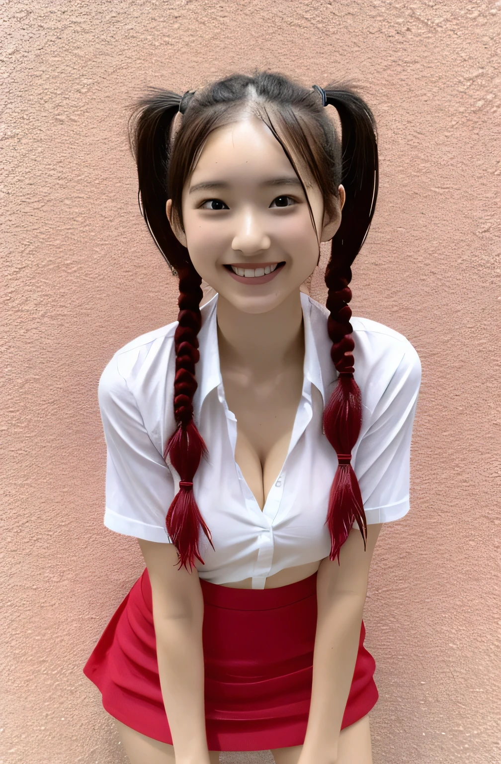 ((Ultra-high resolution)),8K,、Leaning forward to reveal cleavage、Small breasts, , Twin tails,  Red mini skirt, White shirt, Front opening of the shirt、Idol Sculpture, Wet, smile、Pink wall、sexy、slender、Shapely small breasts、squat