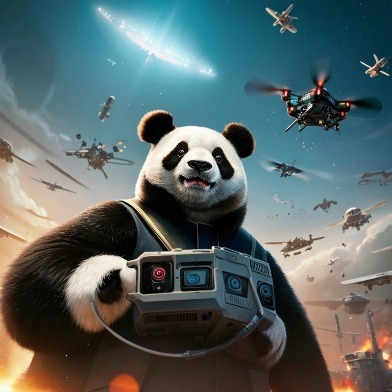 (masterpiece, best quality, Ultra Detailed, Best shadows), (Detailed background,) Sci-fi liberator captain young strong confident strong healthy strong military uniform，A giant panda，Hold the remote control in your hand，Drone swarms flying overhead