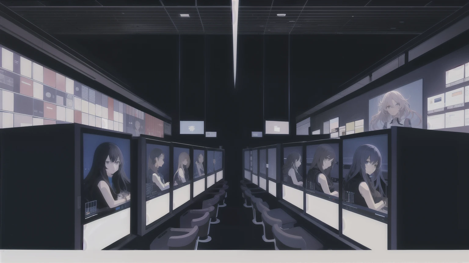 Anime illustration SF Dark Room Many screens behind Long Hair Girl