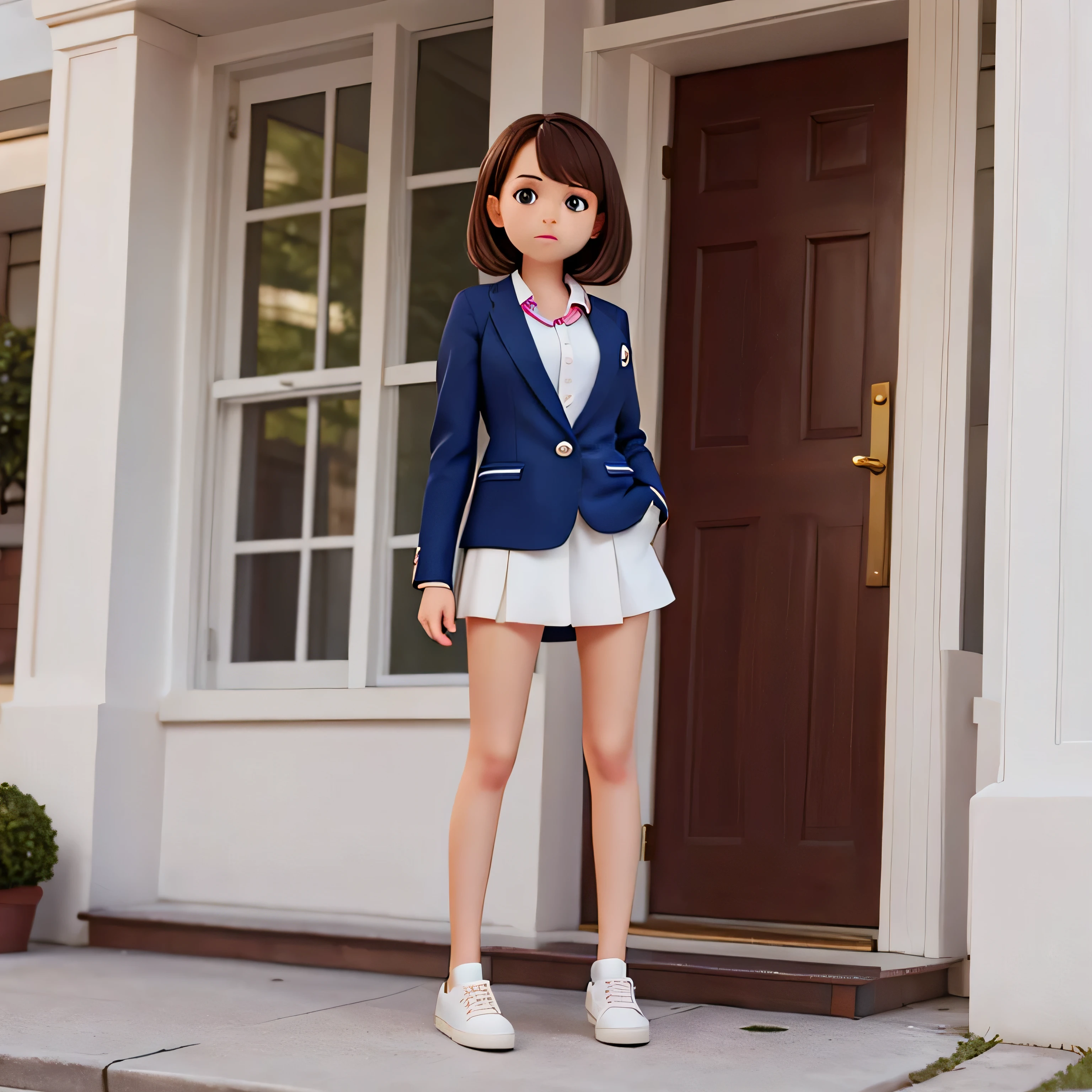 A teenage girl wearing a casual suit and white shoes