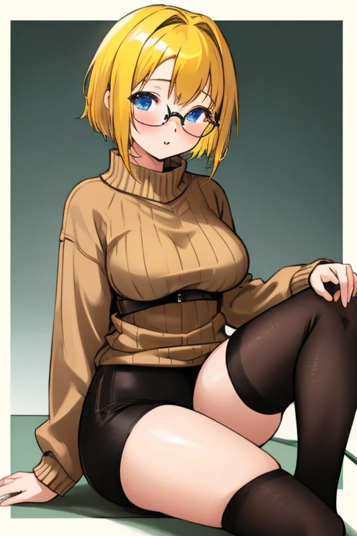 masterpiece, best quality, 1 girl, (14 years old),Brown sweater, mini scart, and black tights,yellow hair, short hair, hime cut, blue eyes, {{glasses}}, {{big breasts}},